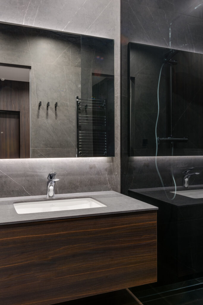 Bathroom with dark wood.