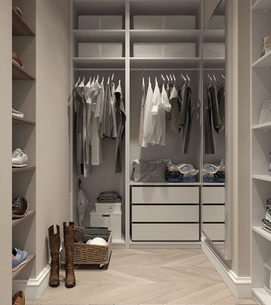 Walk-in wardrobe in use.